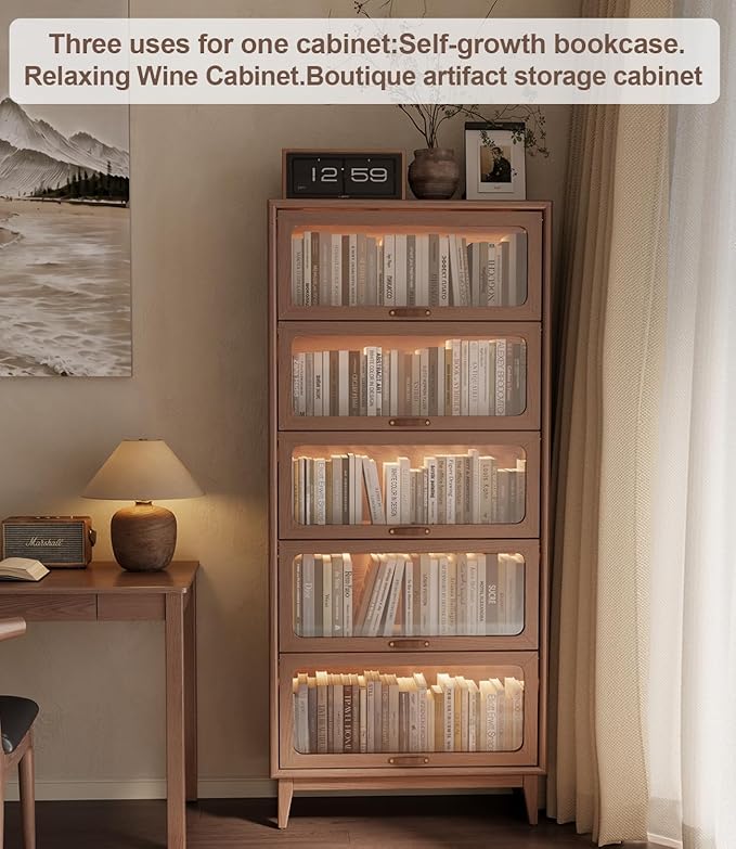 Solid Wood Bookcase 5 Tier Bookshelves with Tempered Glass Flip-Up Doors 72Hx13.7Dx32W" Brown Finish Cube Storage Organizer, Bookshelf Versatile Pantry Cabinet with Storage for Kitchen Home Office