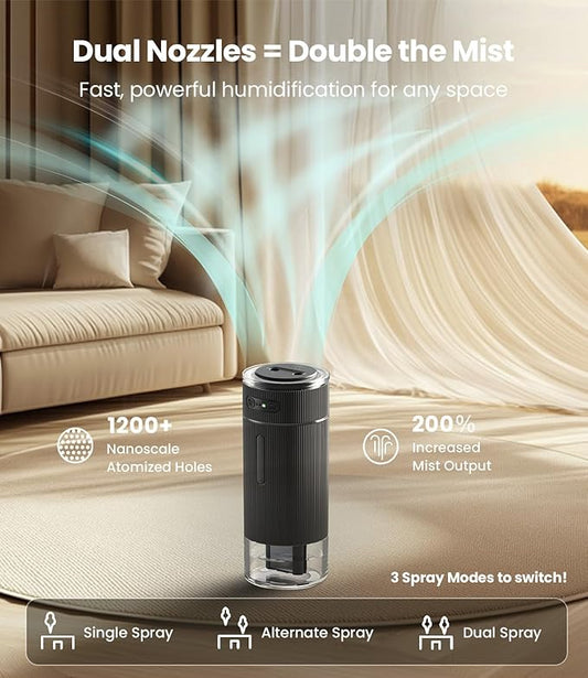 WSKEN Portable Small Humidifier for Bedroom - [Dual Nozzle Large Cool Mist] [Ambiance Lighting] [Car Smart On/Off] Ultrasonic Mini Personal Desk Air Humidifiers for Travel Office Baby Room,Black