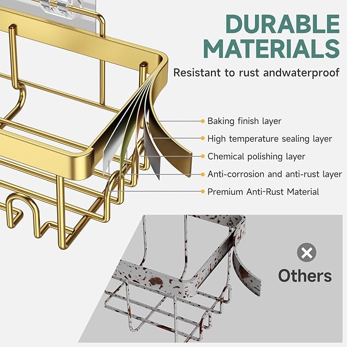 Veken Adhesive Shower Caddy 5-Pack,Heavy Weight Bearing,Large Wall Mounted Shower Shelves Rack,Organizer Storage Accessories with Soap Dish&Toothbrush Holder,Ideal for Bathroom,Home&Kitchen,Gold
