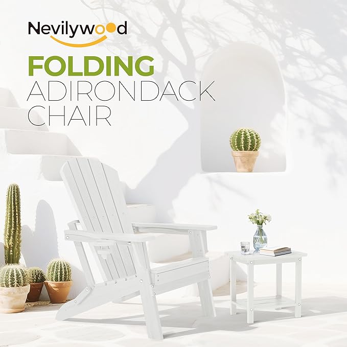 nevilywood Folding Adirondack Chair, Ergonomic Extended Backrest, HDPE All-Weather, 380lbs Capacity, Maintenance-Free, Cup Holder, （White）- Outdoor Patio & Firepit Chair