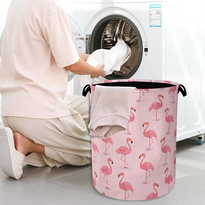 Pink Flamingo Laundry Hamper,Tropical Dirty Clothes Laundry Basket with Handles Waterproof Oxford Cloth Storage Basket for College Dorms Bathroom Bedroom 16" x 20.8"