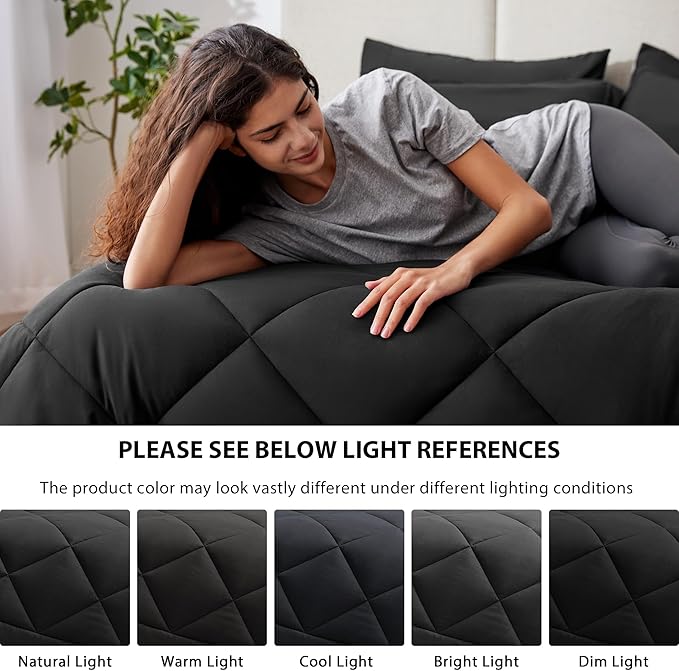 Love's cabin Queen Comforter Set Black, 7 Pieces Queen Bed in a Bag, All Season Bedding Sets with 1 Comforter, 1 Flat Sheet, 1 Fitted Sheet, 2 Pillowcase and 2 Pillow Sham