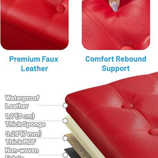 AmasSmile Red Storage Ottoman Folding Foot Rest Stool with Side Pocket, 16 inch Leather Footstool Bench, Short Ottoman Bench, Storage Foot Rest Store, Books