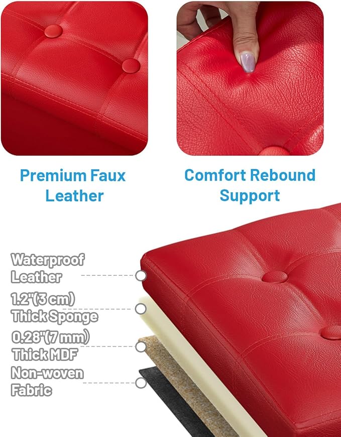 AmasSmile Red Storage Ottoman Folding Foot Rest Stool with Side Pocket, 16 inch Leather Footstool Bench, Short Ottoman Bench, Storage Foot Rest Store, Books