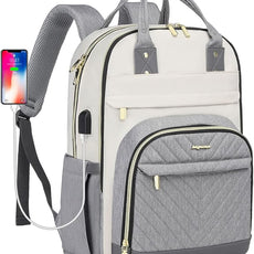 Laptop Backpack Women Work Bag - Travel Backpack Purse with USB Charger 15.6 Inch Nurse Bag College Teacher Business Backpack Waterproof Laptop Bag Beige Grey