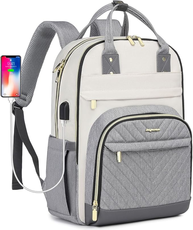 Laptop Backpack Women Work Bag - Travel Backpack Purse with USB Charger 15.6 Inch Nurse Bag College Teacher Business Backpack Waterproof Laptop Bag Beige Grey