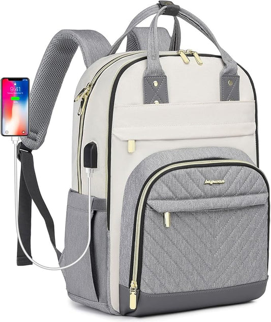 Laptop Backpack Women Work Bag - Travel Backpack Purse with USB Charger 15.6 Inch Nurse Bag College Teacher Business Backpack Waterproof Laptop Bag Beige Grey