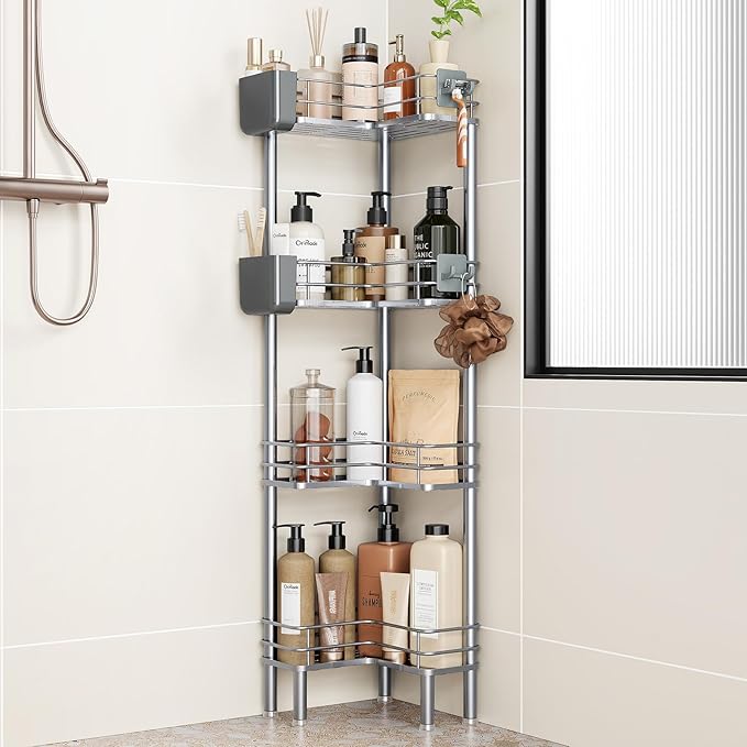Orimade Rustproof 4 Tier Floor Standing Corner Shower Caddy Organizer with Toothbrush Holder, Large Spacing Floor Shower Shelf Rack Storage Stands with Hooks for Bathroom Kitchen, Silver