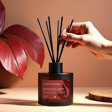 Soul & Scents Reed Diffuser Set – Mahogany | 7.43 oz Refillable Scented Oil with 6 Fiber Sticks | Long-Lasting Home Fragrance & Air Freshener for Bedroom, Bathroom, Office | Gift & Décor Piece
