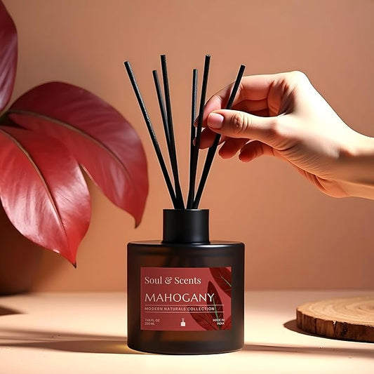 Soul & Scents Reed Diffuser Set – Mahogany | 7.43 oz Refillable Scented Oil with 6 Fiber Sticks | Long-Lasting Home Fragrance & Air Freshener for Bedroom, Bathroom, Office | Gift & Décor Piece