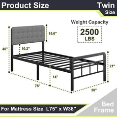 Twin Bed Frames with Upholstered Headboard and Metal Footboard 14 Inch, Twin Platform Bed Frame with Strong Metal Slats Support, Under-Bed Storage, Noise Free, Easy Assembly