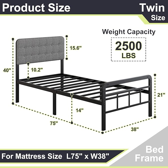 Twin Bed Frames with Upholstered Headboard and Metal Footboard 14 Inch, Twin Platform Bed Frame with Strong Metal Slats Support, Under-Bed Storage, Noise Free, Easy Assembly