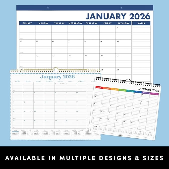 PAPERAGE 2026 Calendar, 12 Months (January 2026 - December 2026), Small (9 in x 11 in), Minimalist Wall and Desk Calendar with Monthly Views, Yearly Plans & Notes Section – Navy
