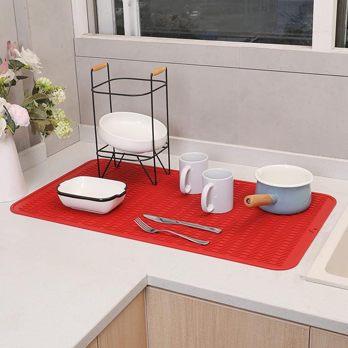 Silicone Dish Drying Mat for Multiple Usage,Easy clean,Eco-friendly,Heat-resistant Silicone Mat for Kitchen Counter or Sink,Refrigerator or Drawer Liner Red 4XL 32 inches x 18 inches