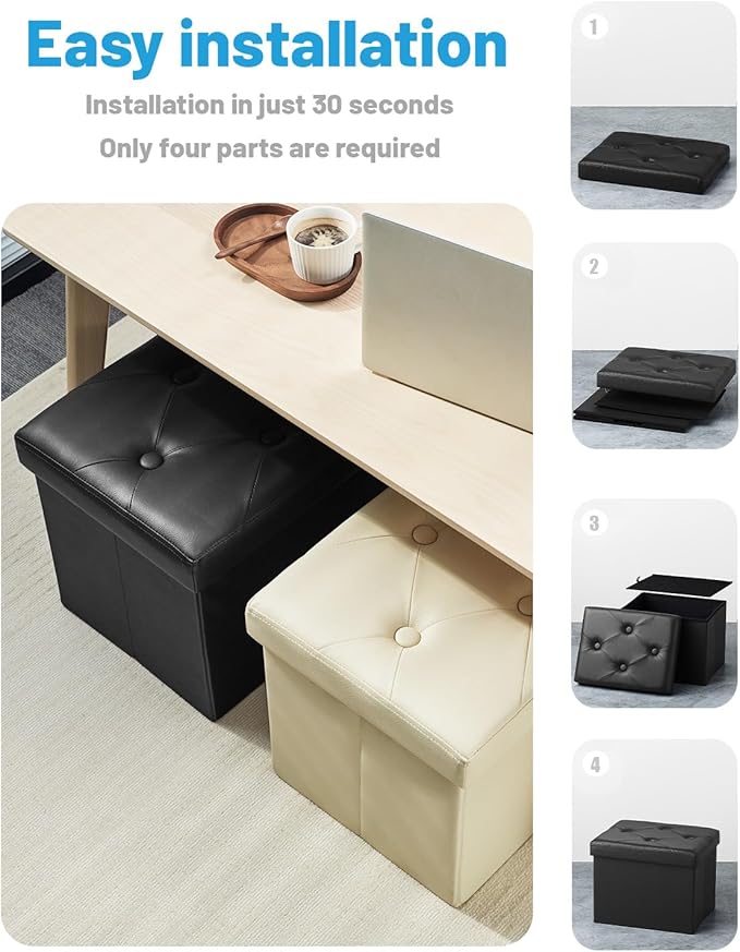 AmasSmile Storage Ottoman Folding Foot Rest Stool, Leather Footstool Bench, Short Ottoman Stool, Storage Foot Rest Store, Books (Side Pocket Black, 17" D x 13" W x 13" H)