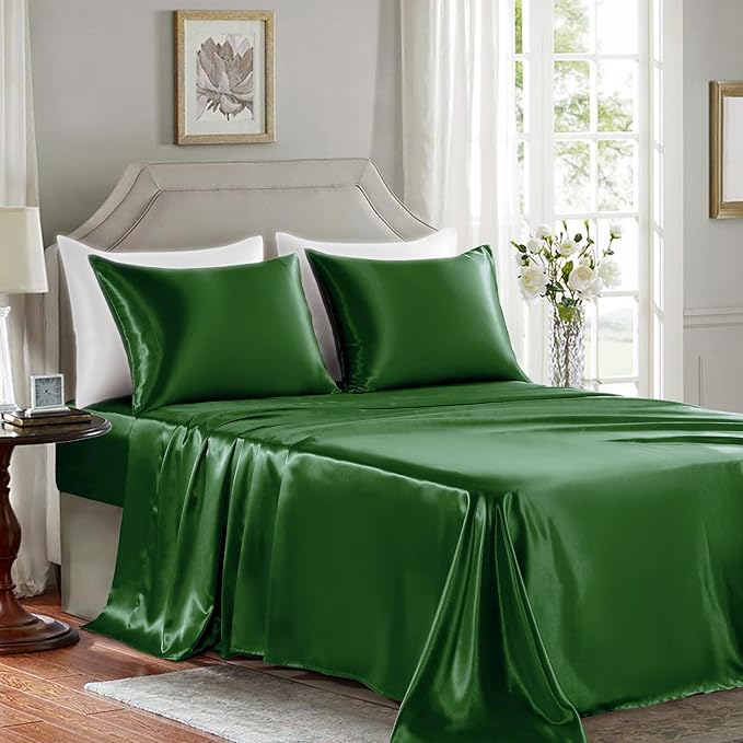Satin Sheets King Size - 4 Pieces Luxury Silky Soft Bed Sheets, Wrinkle-Free Dark Green Satin Silk Sheet Set with 1 Deep Pocket Fitted Sheet, 1 Flat Sheet, 2 Pillow Cases