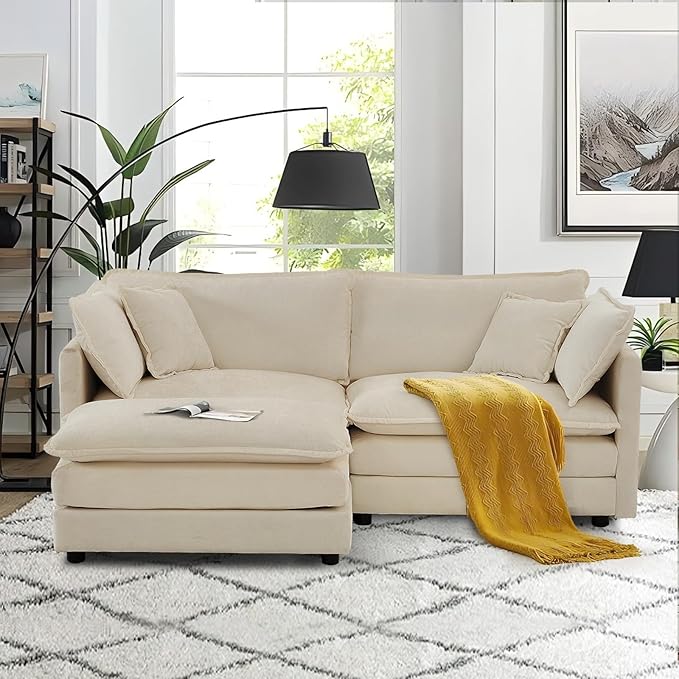 SoarFlash Chenille Sectional Sofa, Comfy L Shaped Modular Coush Sofa with Ottoman, Modern 2 Seat Couch Deep Seat Sofa Set for Living Room,Light Coffee