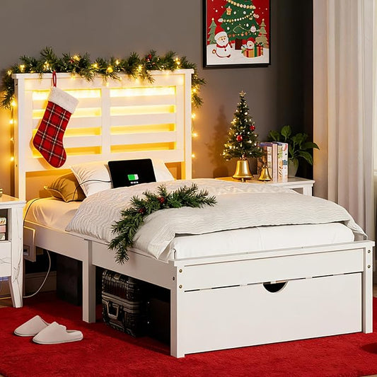 VINGLI Solid Wood Twin LED Bed Frame with USB Charging Single Panel Platform Bed with 40 Inches Tall Headboard and Underbed Storage Drawer,White