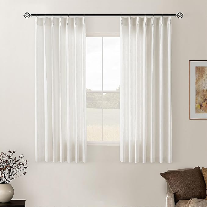 Cream Ivory Pinch Pleat Linen Short Curtains 54 Inch Long for Kitchen Pleated Hooks Rings Back Tab Light Filtering Boho Farmhouse Semi Sheer 54 Inch Curtain for Dining Room Bedroom Small Window