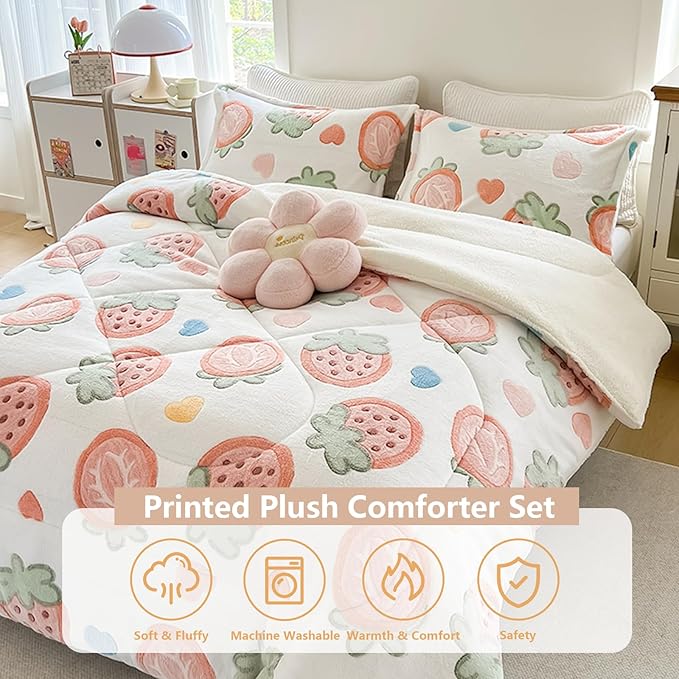 Strawberry Print Fleece Comforter Set - 3 Piece King Size Comforters for Her Girls,Plush Cozy Thick Warm,Soft Microfiber Bedding Bedroom Decor (1 Comforter + 2 Pillow Shams)