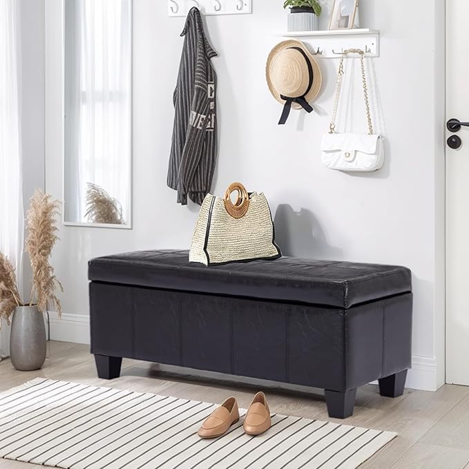 Faux Leather Storage Ottoman Bench with Hinged Lid,42 Inch Large Rectangular Footrest Stool for Bedroom End of Bed, Entryway and Living Room, Padded Seat Shoe Bench, Black