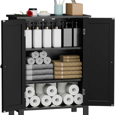 SUPER DEAL Modern Bathroom Floor Storage Cabinet with Adjustable Shelf and Double Door Rust Proof, Living Room Modern Home Furniture Storage Organizer Cabinet, Black