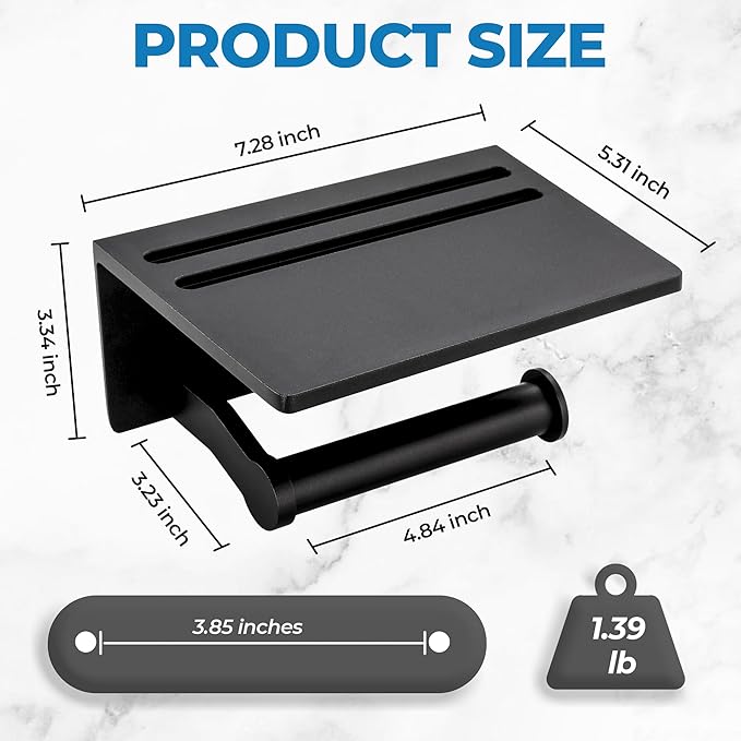 Toilet Paper Holder with Shelf, Black Anti-Rust Aluminum Tissue Roll Holder with Mobile Phone Storage Shelf for Bathroom, 3M Self Adhesive No Drilling or Wall Mounted with Screws