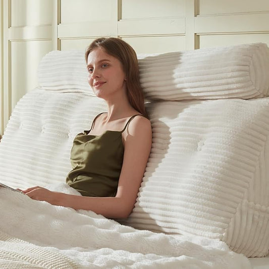 Headboard Wedge Pillow + A Long Neck Roll Pillow Body Pillow，Large Headboard Pillow with Removable Cover (Beige, King：76x8x20 inches)