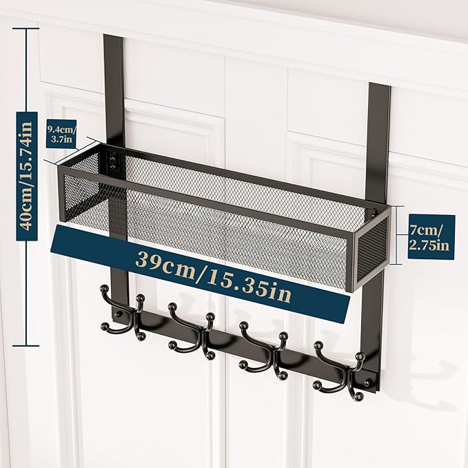 Consumest Over The Door Hooks Organizer - Over Door Hanger with 16 Hooks & 2 Baskets for Hanging Coat, Clothing, Towel, Back Storage for Bathroom, Closet, College Dorm, Black