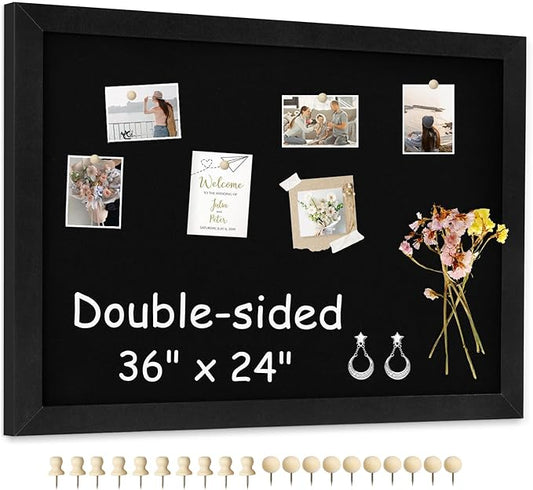 Double-Sided Black Cork Board with Linen, 36" x 24" Hanging Wood Framed Large Bulletin Board, Picture Display Vision Board Kit Corkboards for Wall Room School Office Decor, 20 Pushpins