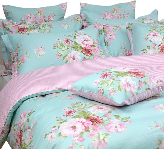 FADFAY Shabby Floral Duvet Cover Set Pink Grid Cotton Farmhouse Bedding with Hidden Zipper Closure 3 Pieces, 1duvet Cover & 2pillowcases,Twin XL Size