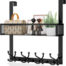 Consumest Over The Door Hooks Organizer - Over Door Hanger with 16 Hooks & 2 Baskets for Hanging Coat, Clothing, Towel, Back Storage for Bathroom, Closet, College Dorm, Black
