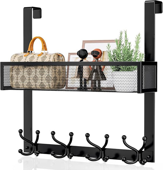 Consumest Over The Door Hooks Organizer - Over Door Hanger with 16 Hooks & 2 Baskets for Hanging Coat, Clothing, Towel, Back Storage for Bathroom, Closet, College Dorm, Black