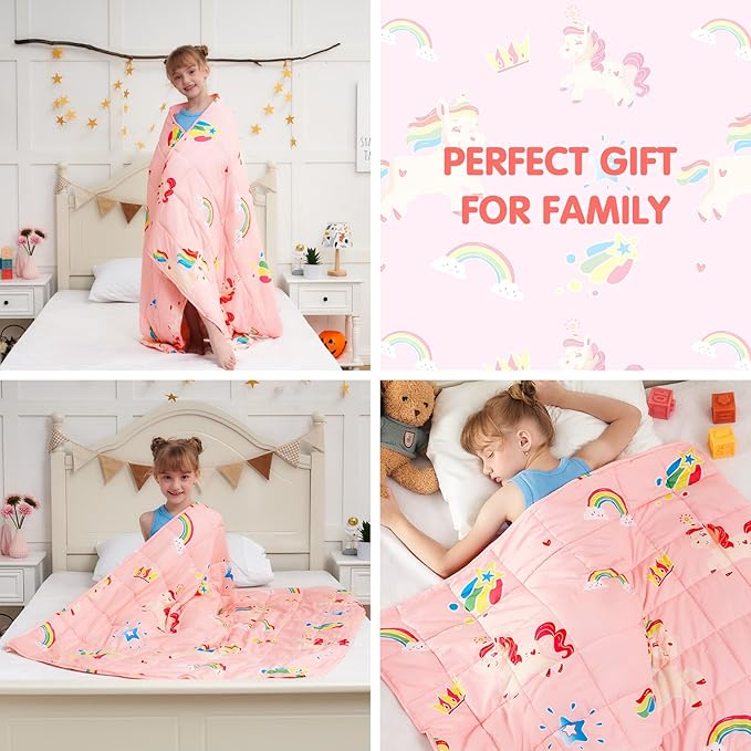 yescool Unicorn Weighted Blanket 5 Pounds Cooling Weighted Lap Blanket, Pink Rainbow Heavy Blankets, Breathable Weighted Throw Blanket Gift for 40-60lbs, 36"x48"