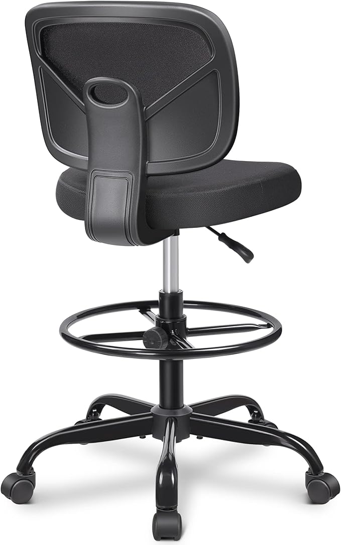 Primy Tall Drafting Desk Chair - Armless, Adjustable Height, Mesh Back, Rolling, Standing Desk Chair for Art Room, Office or Home (Black)