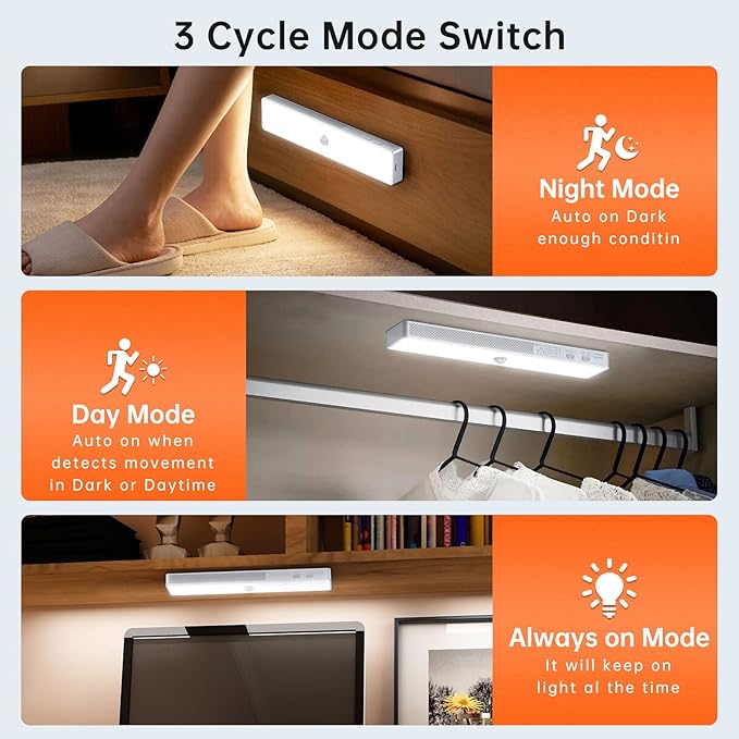 LED Closet Light, 30LEDs Dimmer USB Rechargeable Motion Sensor Light Under Cabinet Lighting, Stick-Anywhere Night Safe Light Bar for Wardrobe,Kitchen-2 Pcs