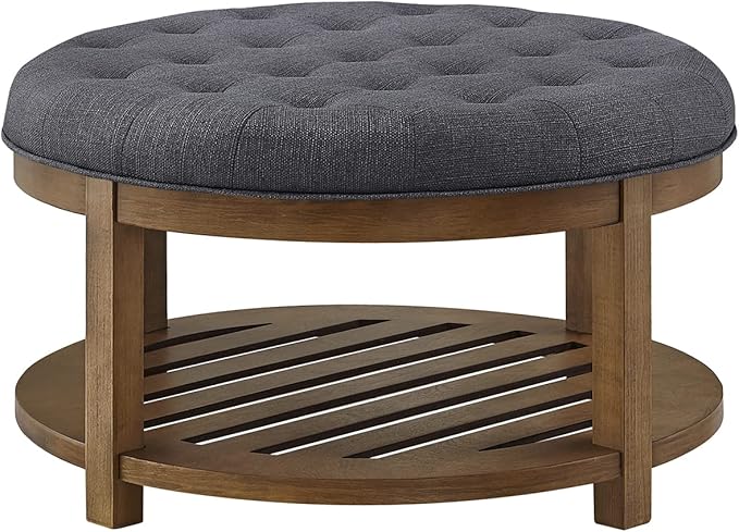 24KF Large Round Upholstered Tufted Linen Ottoman Coffee Table, Large Footrest Ottoman with Wood Shelf Storage-Charcoal