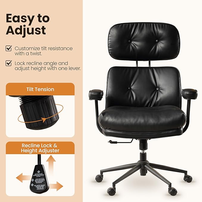 Mid-Century Modern Office Chair, Home Office Desk Chair with Adjustable Lumbar Support, Thickened Cushion Executive Desk Chair with 360 Rolling Swivel for Meeting Game Study Room(Black)