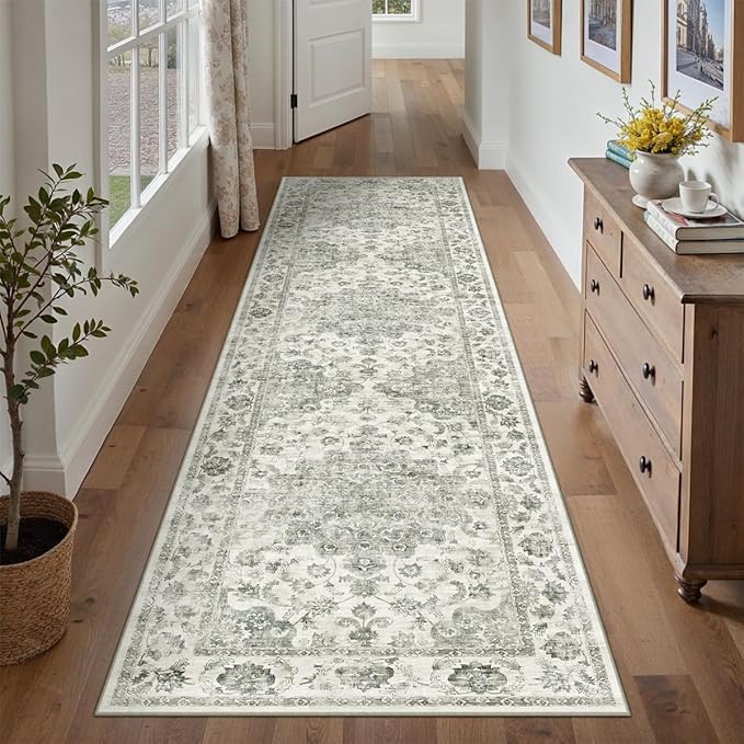 2x8 Washable Neutral Runner Rug Green Vintage Hallway Kitchen Carpet Non-Slip Soft Low Pile Floral Throw Rug for Bedroom Bathroom Laundry Living Room