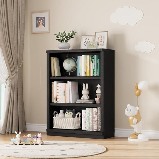 Rresyet 3 -Tier Bookcase and Book Shelf, 31” Wide Bookshelves, Wooden Bookcase Display Storage for Home Office, Living Room and Study Room (Black)