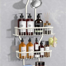 Shower Caddy Hanging - Never Rust Shower Hanging Organizer - Aluminum Over the ShowerHead Caddy with Soap Basket and 6 Hooks for Razor/Sponge (Milky White)