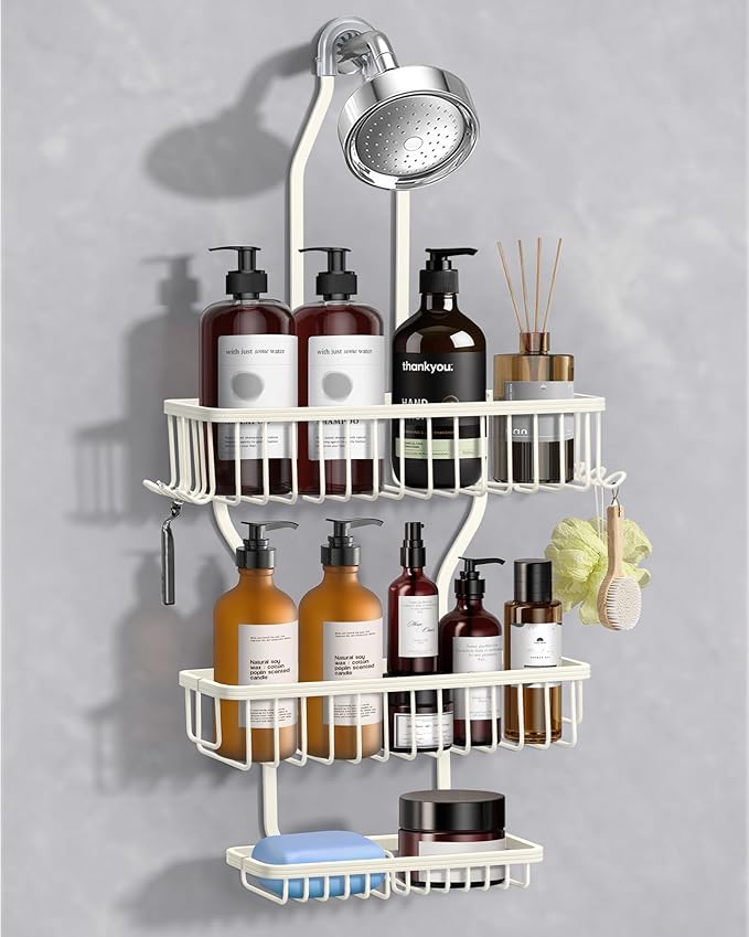 Shower Caddy Hanging - Never Rust Shower Hanging Organizer - Aluminum Over the ShowerHead Caddy with Soap Basket and 6 Hooks for Razor/Sponge (Milky White)