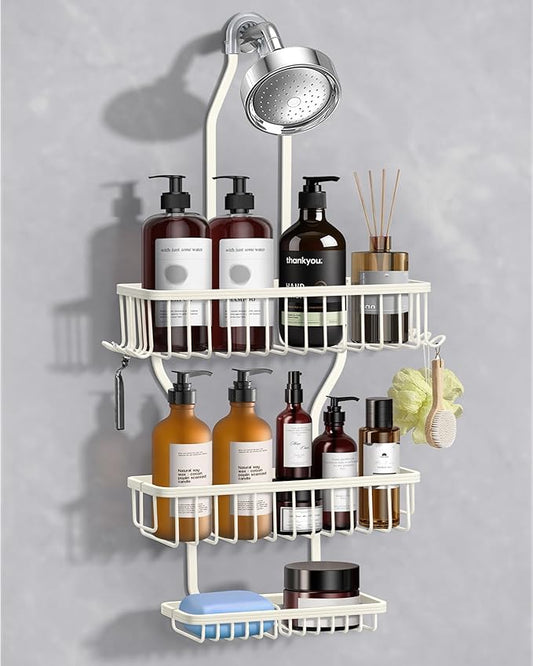 Shower Caddy Hanging - Never Rust Shower Hanging Organizer - Aluminum Over the ShowerHead Caddy with Soap Basket and 6 Hooks for Razor/Sponge (Milky White)