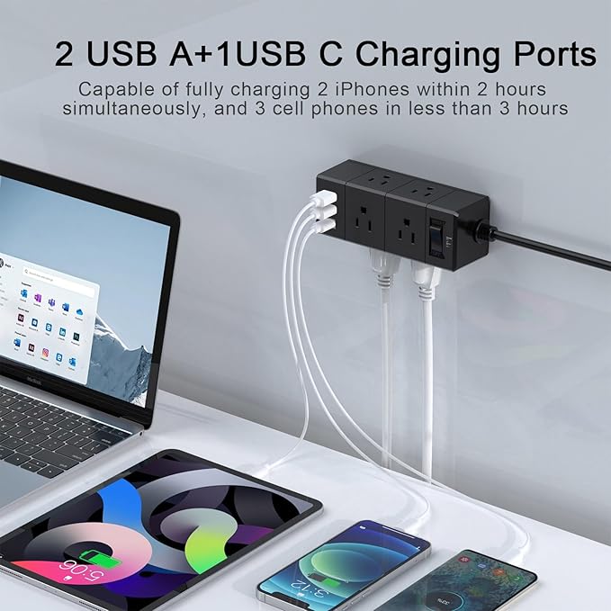 20Ft Extension Cord Flat Plug Power Strip - Tcstei 3-Side Outlet Extender with 6 AC Outlets and 3 USB Ports (1 USB C), Compact for Home, Office, Dorm Room Essentials, Black
