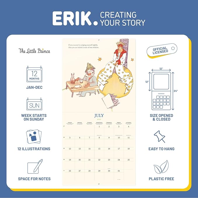 The Little Prince Wall Calendar 2026 12" x 12" FSC® Plastic Free - Starts Week On Sunday | Family Planner Calendar 2026