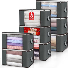 Large Storage Bags, 8 Pack Clothes Storage Bins Foldable Closet Organizers Storage Containers with Durable Handles Thick Fabric for Blanket Comforter Clothing Bedding 90 L (Gray)