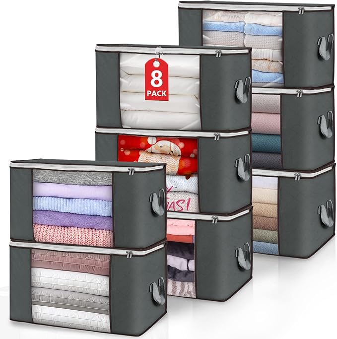 Large Storage Bags, 8 Pack Clothes Storage Bins Foldable Closet Organizers Storage Containers with Durable Handles Thick Fabric for Blanket Comforter Clothing Bedding 90 L (Gray)