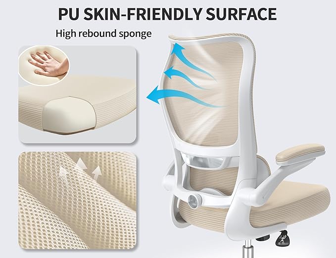 TRALT Ergonomic Office Chair - Desk Chair with Wave High Back Adjustable Lumbar Support Computer Chair - Gaming Chairs Mesh Backrest and PU Leather Seat for Home Reading Chairs to Adults(Beige)