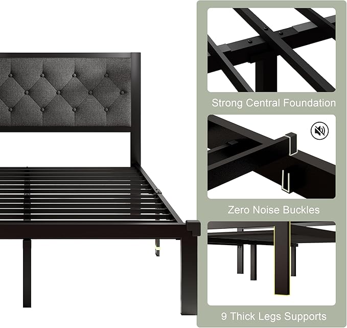 Feonase Queen Size Metal Bed Frame, Heavy-Duty Platform Bed Frame with Linen Upholstered Headboard, 12" Under-Bed Space, Steel Slats Support, No Box Spring Needed, Gray