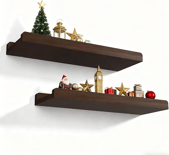 Love-KANKEI Floating Shelves Wall Mounted Set of 2, 17 Inch Rustic Wood Wall Shelves for Storage, Bedroom Living Room Bathroom Kitchen Office and More Dark Walnut